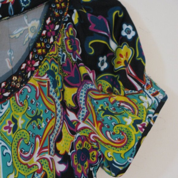 * Eci Sequin Beaded Dress Size 8 Black Green Colorful Midi - Picture 4 of 5